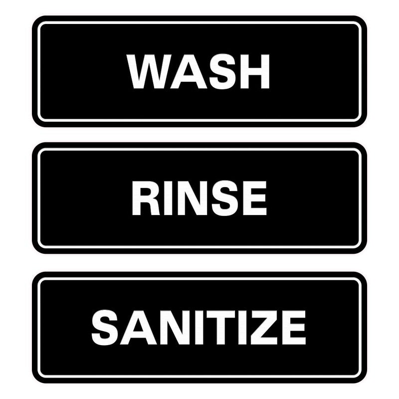 All Quality Standard WASH RINSE SANITIZE Set of 3 Bay Sink Signs - Restaurant & Commercial Kitchen Sink Signs - Easy to Install - Black (Medium) - Image 1